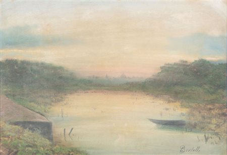 LUIGI BERTELLI (San Lazzaro di Savena 1833 - Bologna 1916) "Paesaggio". Tecnica mista su carta. Cm 45x62. Opera firmata in basso a destra L. Bertelli.