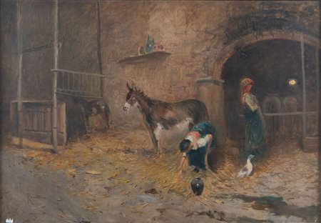 OSCAR RICCIARDI (Napoli 1864 - 1935) "Interno di stalla". Olio su tela. Cm...