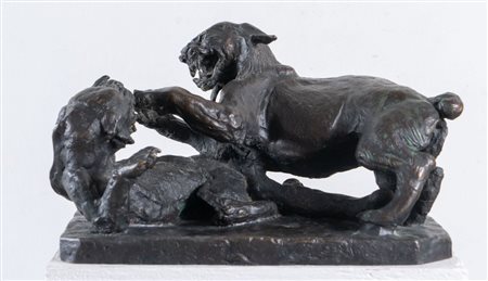 ANTONIO LIGABUE (Zurigo 1899 - Gualtieri 1965) "Leoni in lotta". Scultura in...