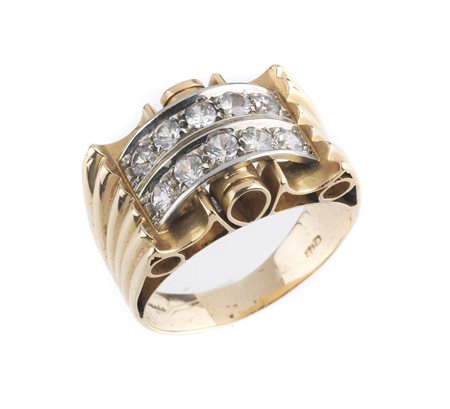 ANELLO IN ORO GIALLO E DIAMANTI SINTETICI, ANNI '40 in oro giallo 18kt,...