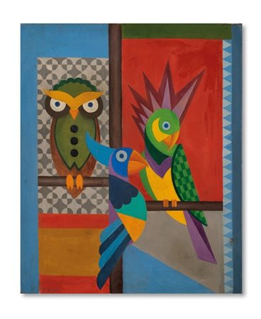 Fortunato Depero "Civetta e pappagalli" 1917 circa 
olio su tela
cm 56x46,4
Firm