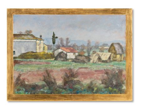 Ardengo Soffici "Paesaggio toscano" 1950 circa
olio su cartone
cm 49,9x69,9
Firm
