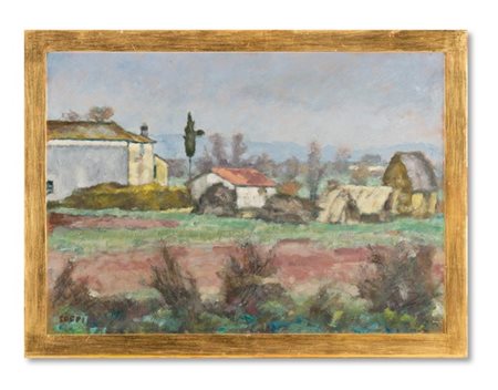 Ardengo Soffici "Paesaggio toscano" 1950 circa
olio su cartone
cm 49,9x69,9
Firm