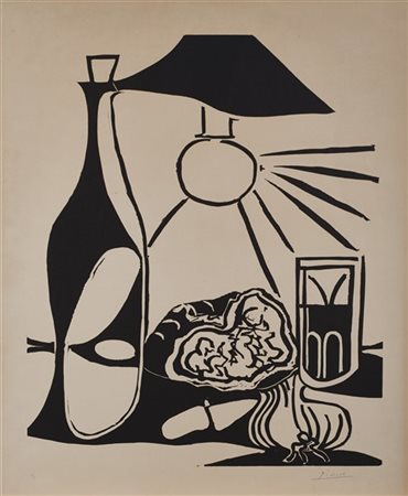 Pablo Picasso "Nature morte à la bouteille" 1962
linocut su carta Arches
foglio