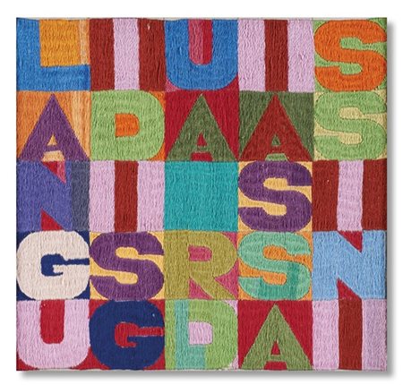 Alighiero Boetti "Languidi sguardi assassini" 1989 circa
ricamo su tessuto
cm 29