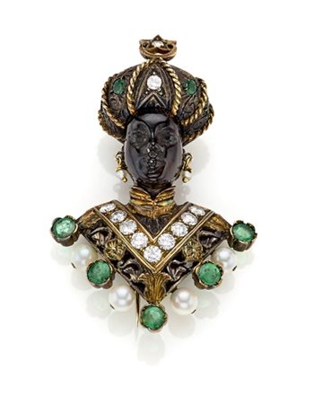 NARDI
Broche a guisa di moretto in oro giallo, argento e legno ebanizzato rifin