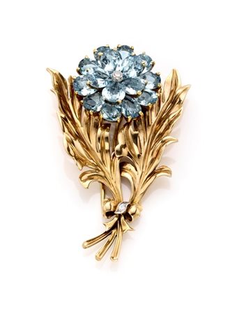 TIFFANY & CO.
Broche floreale in oro giallo 585/1000 rifinita con acquamarine a