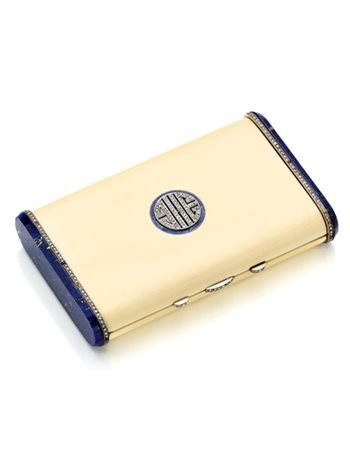 JANESICH  Portacipria in oro giallo, coperchio e fondello in avorio, i lati in lapislazzuli e rifinito in platino e diamanti