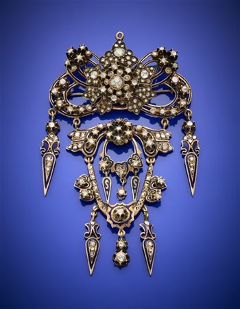 Broche/pendente in oro rosso 333/1000 con diamanti mezza rosetta e smalti, g 43