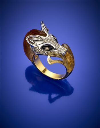 Anello in oro giallo a guisa di volpe con diamanti e quarzo citrino scolpito, g