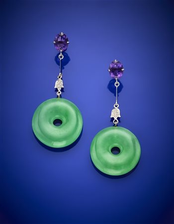 Orecchini pendenti in oro bianco con cerchi in giadeite e ametiste, piccoli dia