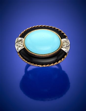 Anello in oro giallo, onice e turchese cabochon rifinito con piccoli diamanti,