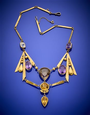 Collier modulare in oro giallo con quarzo ialino, ametista fumè e citrini, g 58