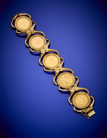 Bracciale in oro giallo con cinque monete da una sterlina, conii dal 1902 al 19