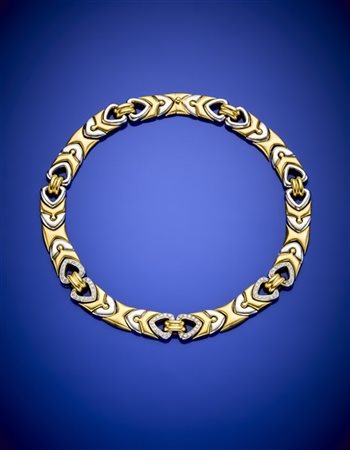 Collier modulare in oro giallo e bianco con diamanti, g 150,16 circa, lungh. cm