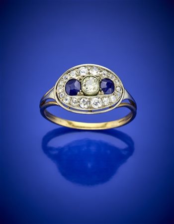 Anello in oro giallo e platino con diamanti old mine e zaffiri, g 4,65 circa mi