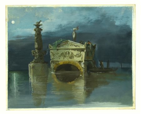 Giuseppe Bernardino Bison VEDUTA AL CHIARO DI LUNA gouache e tempera su...