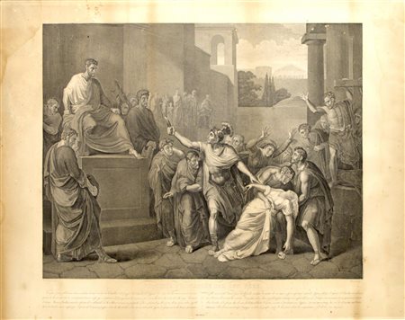 Scuola del XIX secolo LA MORTE DI VIRGINIA litografia, cm 42x58,5; foglio cm...