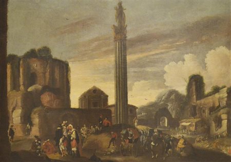 Scuola italiana della fine del XVII secolo CAPRICCIO olio su tela, cm 80x120