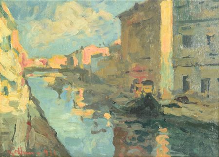 Achille Cattaneo NAVIGLIO olio su tavola, cm 34x46 firma e data eseguito nel...