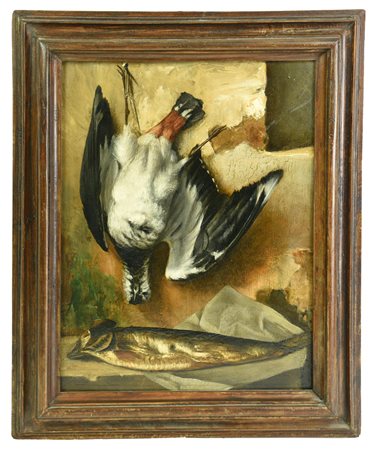 Scuola Francese del XVIII secolo NATURA MORTA CON CACCIAGIONE E PESCE olio su...