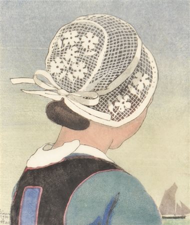 Carl Moser (Bozen/Bolzano 1873 / 1939) Ragazza bretone, 1934;Xilografia a...