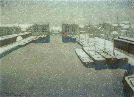 Carl Moser (Bozen/Bolzano 1873 - 1939) Canale parigino con la neve,...