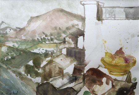 Rudolf Hradil (Salzburg/Salisburgo 1925 /2007) Natura morta con paesaggio,...
