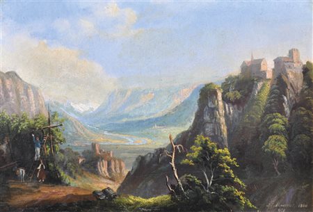 Maler um 1860/Pittore del 1860 ca. Castel Tirolo con Castel Fontana;Olio su...