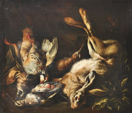 Pittore del XVIII sec. Natura morta di caccia con conigli e uccelli;Olio su...
