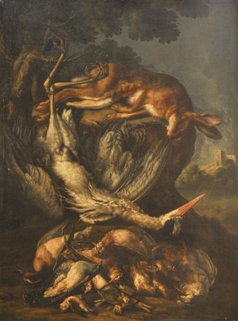 Pittore del XVIII sec. Natura morta di caccia;Olio su tela, 132,5 x 96 cm,...