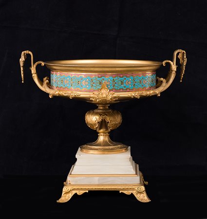 Coppa francese Napoleone III in bronzo dorato, cloisonné e onice -  XIX secolo, firmata BARDEDIENNE