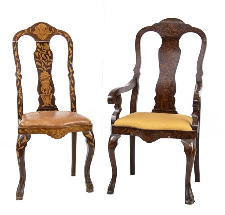 Sedia e poltrona olandesi intarsiate - inizio XIX secolo
