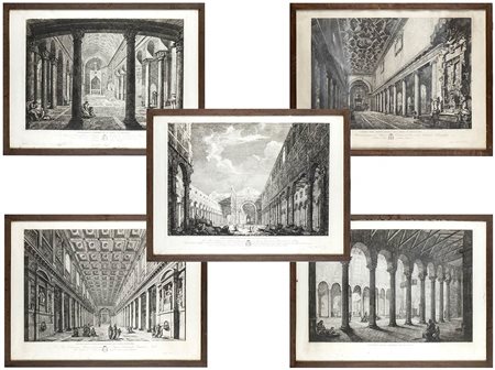 Gruppo di 5 stampe - raffiguranti vedute architettoniche delle basiliche Romane - XIX secolo