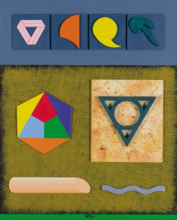 LUCIO DEL PEZZO Napoli 1933 Repertorio collage, colore acrilico, sabbia,...