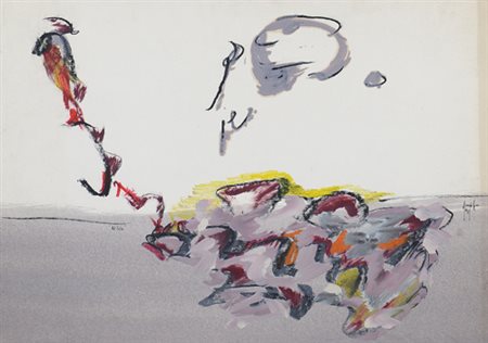 SERGIO DANGELO Milano 1932 All'alba, 1958 tecnica mista su carta cm. 35x50,...