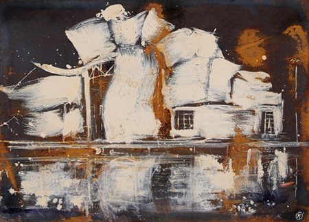 ALESSANDRO BUSCI Milano 1971 Bilbao bianco smalti su ferro cm. 51x71, sigla...