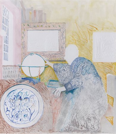 EZIO GRIBAUDO Torino 10/01/1929 Omaggio a Verneer, 1986 tempera e rilievo su...