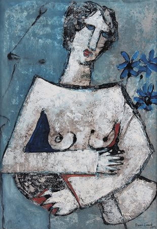BRUNO LANDI Roma 23/03/1941 Figure, 1972 olio su masonite cm. 57x40, firma e...