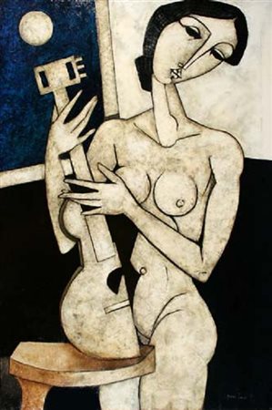 BRUNO LANDI Roma 23/03/1941 Nudo con chitarra, 1998 olio su tela cm. 150x100,...