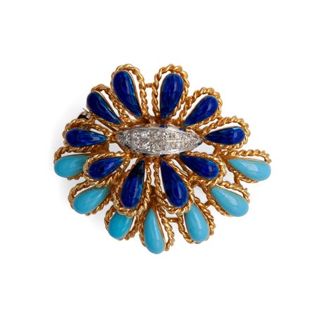 Spilla in oro giallo,smalti e brillanti