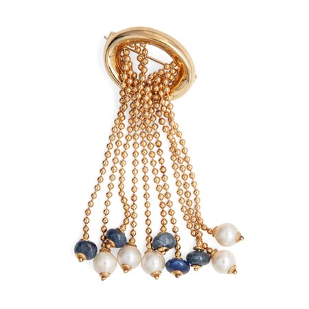 Spilla in oro, zaffiri e perle
