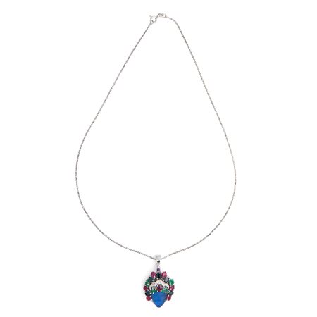 Collana con pendente in oro, brillanti, zaffiri, smeraldi e  rubini