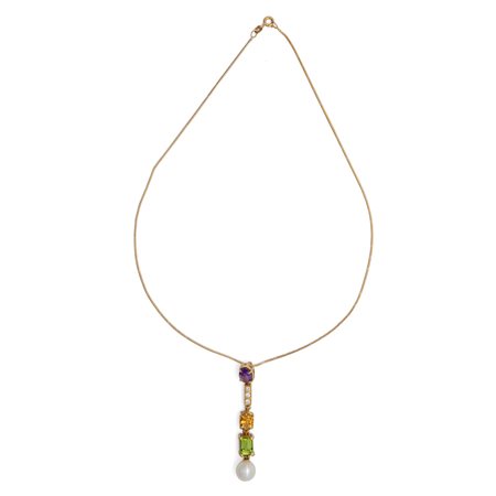 Collana con pendente in oro, perla , topazio, ametista, peridoto e brillanti