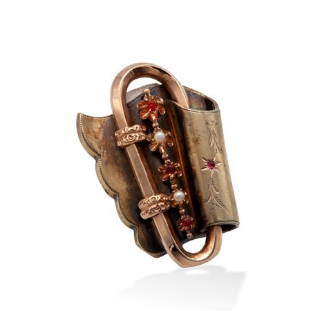 Spilla antica in oro, granati e perle