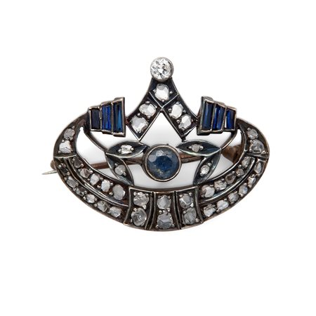 Spilla antica in oro, argento diamanti e zaffiri