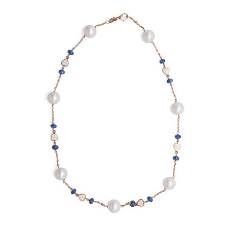 Collana in oro con perle, zaffiri e smalti