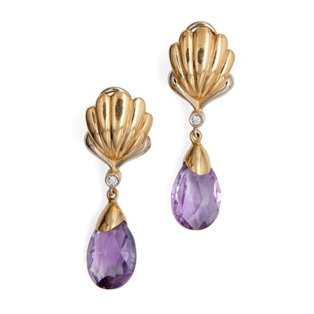 Orecchini pendenti in oro, ametiste a goccia e brillanti