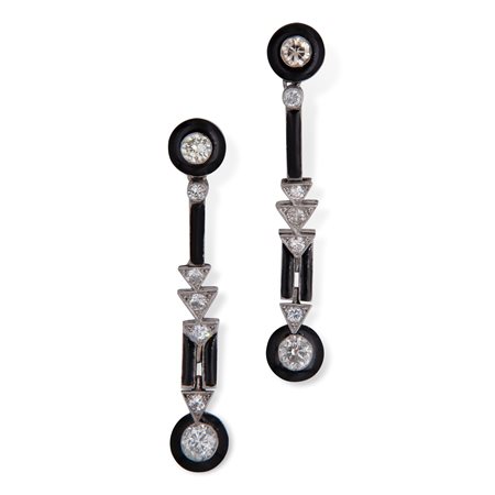 Coppia di orecchini pendenti art decò oro bianco brillanti e onice