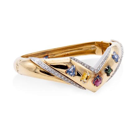 Bracciale rigido in oro giallo "Amore" con brillanti zaffiro blu e giallo, rubino, tormalina verde